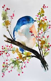 Bird Sitting On A Branch Drawing With Colour 14 Consider A Drawing Of A Blue Jean Bird Sitting On A Branch Laden With Berries Watercolor Paintings For Beginners Art Painting Watercolor Art