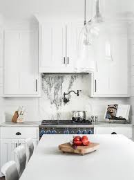 Marble Slab Cooktop Backsplash With Shiplap Trim Transitional Kitchen Interior Design Kitchen Home Kitchens Small White Kitchens