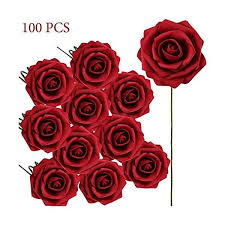 Poen 100 Pieces Artificial Flowers Roses Foam Rose With Stem For Diy Wedding Bouquets Centerpieces Party Baby Shower Home Decorations Wine Red Silk Flower A In 2020 Foam Roses Diy
