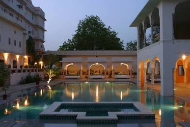 Courtyard pool retreat at Samode Haveli, AI generated