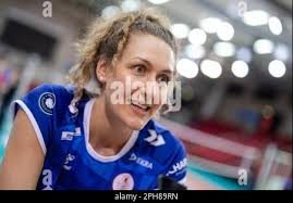 Stuttgart, Germany. 25th Mar, 2023. MTV Allianz Stuttgart volleyball player Krystal  Rivers watches a video film of her club after a league match, which was  filled with congratulations from former teammates and