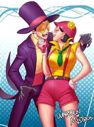 quere, mistress (superjail), warden (superjail), superjail, 1boy, 1girl,  belt, black hair, bow, bowtie, breasts, character name, cloche hat, colored  shades, gloves, hand on own hip, hat, heart, large breasts, lipstick,  makeup, necktie,