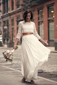 Lace Wedding Crop Top With 3 4 Length Sleeves David S Bridal Crop Top Wedding Dress Two Piece Wedding Dress Wedding Dresses Lace