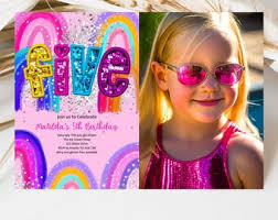 Rainbow Birthday Invitation Girls 5th Birthday Photo Invite (canva  Template)