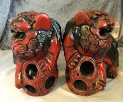 Maybe you would like to learn more about one of these? Vintage Chinese Hand Carved Red Black Wood Foo Dog Pair With Rolling Pearls In Mouth And