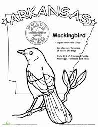 Color the arkansas flag, the state bird (northern mockingbird) and the state flower (apple blossom). Arkansas State Bird Worksheet Education Com First Grade Science Worksheets Art Lessons Middle School History Worksheets