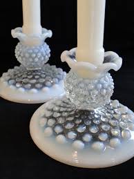Popular picks in candles & holders. Fenton French Hobnail Opalescent Clear Milk Glass Candle Sticks Holders Vintage Set Of 2 32 00 Via E Milk Glass Candle Glass Candlesticks Hobnail Milk Glass