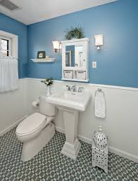 Chic Bathroom Design With Two Color Combination Cadet Blue And White With Beauty Mirror Framing Ce White Bathroom Decor Light Blue Bathroom Blue Bathroom Walls