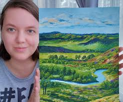 Green Valley Painting Landscape Original Art Hills Wall Art River Oil  Painting