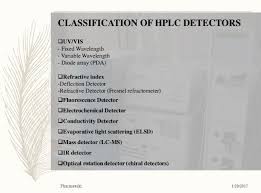 Pda means photo diode array detector which is used to find the retention time of the peak at multiple wavelenth i.e at different nanometers in hplc instrument. Hplc Detectors Types Comparison Principles Pdf Ppt