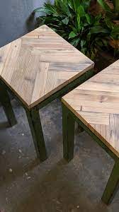 Reclaimed Chevron Side Tables With Green Metal Legs Salvaged Bedside Tables Diy Side Table Diy Table Legs Side Table Woodworking