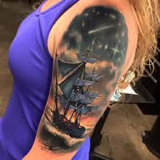 Pirates have a black flag with the skull head and two bones below it, and so you can have this as your tattoo or just draw a simple skull anywhere on your body. Pirate Ship Sleeve