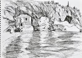 Als nun ein wolkenbruch kam und die wassermassen heranfluteten, als die stürme tobten und an dem haus rüttelten, da stürzte es nicht ein; Verlassenes Haus Und Felsen Am Meer Zeichnung Gerda Kazakou