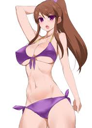 kusaka souji, shibuki ran, aikatsu!, aikatsu! (series), 10s, 1girl,  alternate breast size, arm behind head, bikini, blush, breasts, brown hair,  chestnut mouth, cleavage, covered erect nipples, female focus, front-tie  top, furrowed brow,