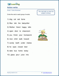 Identify which words in the list are verbs worksheet author: Verbs Worksheet Action Words K5 Learning