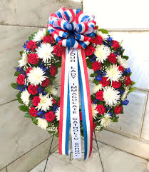 Red, blue and yellow, below are their locations. Deluxe 30 Inch Red White And Blue Wreath Tt Anc2 Deluxe In Arlington Va Arlington Cemetery Flowers By Twin Towers Florist
