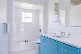 Kids' shower curtains can be decorated with animals, whimsical patterns or your child's favorite character. Blue Washstand In Kids Bathroom Contemporary Bathroom