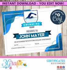If you design printables, you know that certain types of projects require personalized information like names, initials, and unique details. Editable Swimming Certificate Award Swim Team Award