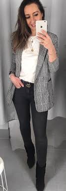Black And White Checkered Jacket Womens Spring Outfits Woman Wearing White Shirt Plaid Blazer Black Denim Jeans And Black Boots Pic By Yoliexmartin Spring Outfits Outfits Cute Spring Outfits