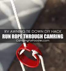 Genius Rv Awning Tie Down Hack How To Diy Video With 5 Simple Supplies Diy Rv Awning Accessories Rv Awning Ideas