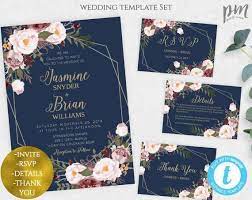Navy And Gold Wedding Invitation Set Marsala Wedding Invitation Template Printable Geo Geometric Invitations Wedding Invitation Templates Wedding Invitations