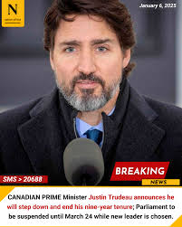 CANADIAN PRIME Minister Justin Trudeau announces he will step down and end  his nine-year tenure; Parliament to be suspended until March 24 while new  leader is chosen.