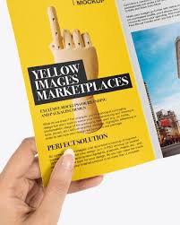 Download Trifold Brochure Mockup In Hands In Stationery Mockups On Yellow Images Object Mockups PSD Mockup Templates