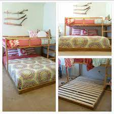 Ikea Kura Hack To Fit A Queen Bed Below The Lofted Twin We Used 2x4s With A 2x2 Affixed Inside Around The T Shared Girls Room Kids Shared Bedroom Shared Rooms