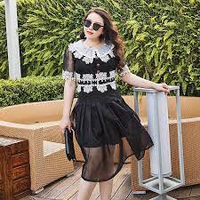 glec大码女装2018夏装新款200斤胖mm水溶花蕾丝拼接加密纱连衣裙 fashion dresses high low dress