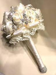 Bridal wedding bouquet teardrop cascade white&purple rose pearl flowers handmade. Bridal Wedding Flower Bouquet Ivory Satin Roses Brooch Rhinestones Pearls Lace Ebay