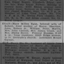 Mary (Millon) Egan funeral notice
