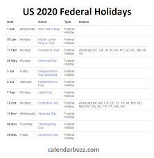 Us 2020 Federal Holidays Us Holiday Calendar Calendar Printables Holiday Dates