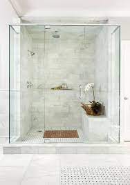 60 inches x 48 inches x 96 inches (height) Walk In Marble Shower With Built In Marble Shelf Ledge Transitional Bathroom Bathroom Remodel Master Master Bathroom Shower Bathrooms Remodel