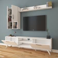 Rani A9 Duvar Rafli Kitaplikli Tv Unitesi Duvara Monte Dolapli Modern Ayakli Tv Sehpasi Beyaz M34 Mobilya Tv Unitesi Duvar