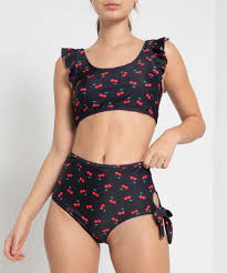 Marina West Black Cherry Flutter Sleeve Bikini Top High Waist Bottoms Women