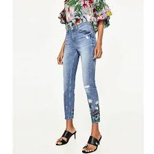 Ladies Jeans Trousers Embroidery Flower Denim Pants Casual