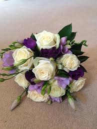 Bridesmaid Hand Tied Bouquet Of White Roses Purple Lisianthus And Lilac Freesia Hir Small Wedding Bouquets Flower Bouquet Wedding Purple Bridesmaid Bouquets