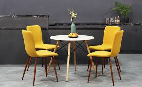 Founded atop a steel pedestal base, its circular top is made from manufactured wood and measures 36 in diameter to seat four comfortably, so it's an ideal option for smaller spaces. Amazon Com Dining Chairs Set Of 2 Kitchen Dining Room Chairs Accent Chairs For Living Room Bedroom Mid Century Modern Upholstered Side Chair With Fabric Cushion Seat Back Brown Metal Legs Yellow Kitchen