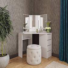 Latitude run® corner and corner design: Victory Corner Makeup Vanity Table White Makeup Desk With Three Fold Mirrors And 4 Drawers Bedroom Dressing Table Makeup Table Buy Online In Dominica At Dominica Desertcart Com Productid 190343515
