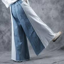 Contrast Color Blue Patchwork Palazzo Pants Wide Leg Frayed Jeans In Light Blue One Size Women Pants Casual Casual Denim Wide Leg Denim