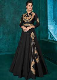 Beads embroidery design on kurtis and gown. Black Embroidered Readymade Indowestern Gown Latest 211gw04