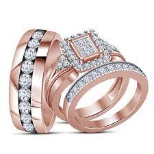 His Her Diamond 14k Rose Gold Over Engagement Bridal Wedding Trio Ring Set 2 0ct Aonedesign Wedding Ring Bands Set Amethyst And Diamond Ring Wedding Ring Sets