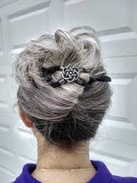 Love This Celtic Knot Flexi Clip In This Beautiful Gray Hair Tails Up Hairstyle Genuine Braided Leather French Twist Hair Beautiful Gray Hair Long Silver Hair