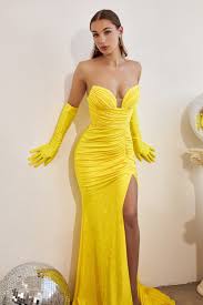 ‫فستان لامع بدون حمالات بفتحة مع قفازات من Ladivine CD889 - Wo - Ariststyles‬‎