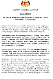 Permohonan biasiswa jabatan perkhidmatan awam (jpa) dengan hormatnya, perkara di atas dirujuk. Jabatan Perkhidmatan Awam On Twitter Jpa Mempelawa Semua Warganegara Malaysia Yg Layak Utk Memohon Biasiswa Yang Di Pertuan Agong Bydpa Sesi Pengajian 2020 2021 Permohonan Blh Dibuat Mulai 10 Feb 2020 Jam 5 Ptg