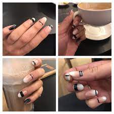 Ombre Acrylic Nails With Black Line Nail Art Soft Round Shape Oval Black Line Work Abstract Nails Nailart Ombre Acrylic Nails Lines On Nails Line Nail Art