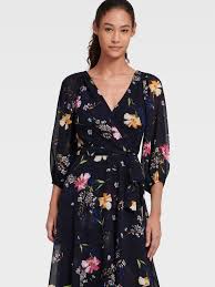Elie tahari womens harlow floral v. Dkny Floral Faux Wrap Dress With Balloon Sleeve In Blue Lyst