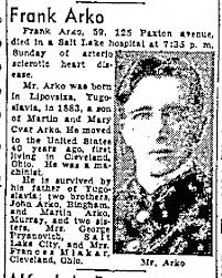 Frank Arko obituary, 1883-1942