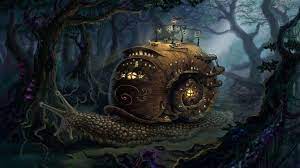 Customize and personalise your desktop, mobile phone and tablet with these free wallpapers! Fantasy Art Digital Art Forest Trees House Ladders Street Light Lights Snail Wallpapers Hd Desktop And Mobile Backgrounds