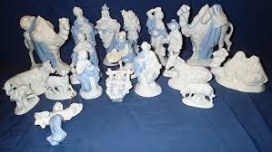 Atlantic Mold White Blue 19 Pc Ceramic Nativity Set Scene Christmas Beautiful Ceramic Nativity Set Christmas Figurines Nativity